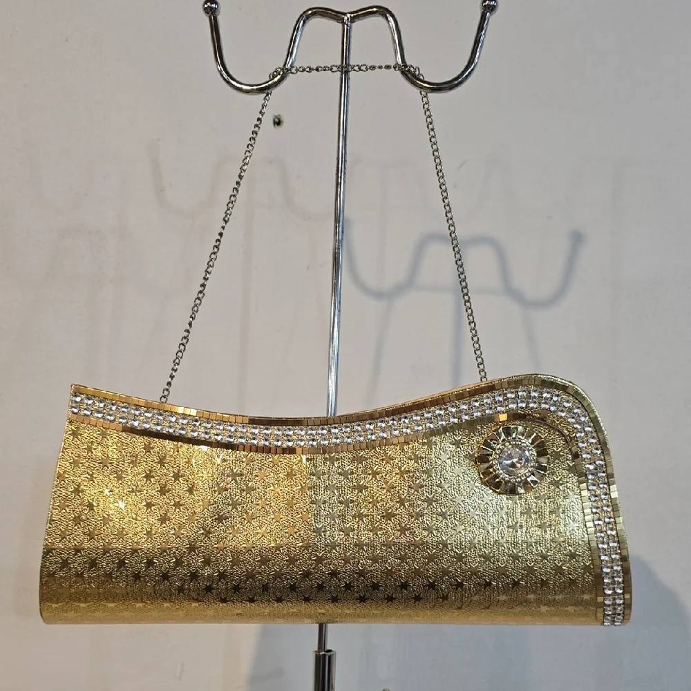 Elegant Gold Clutch with Rhinestone Detailing Evening Cocktails Holidays Medium